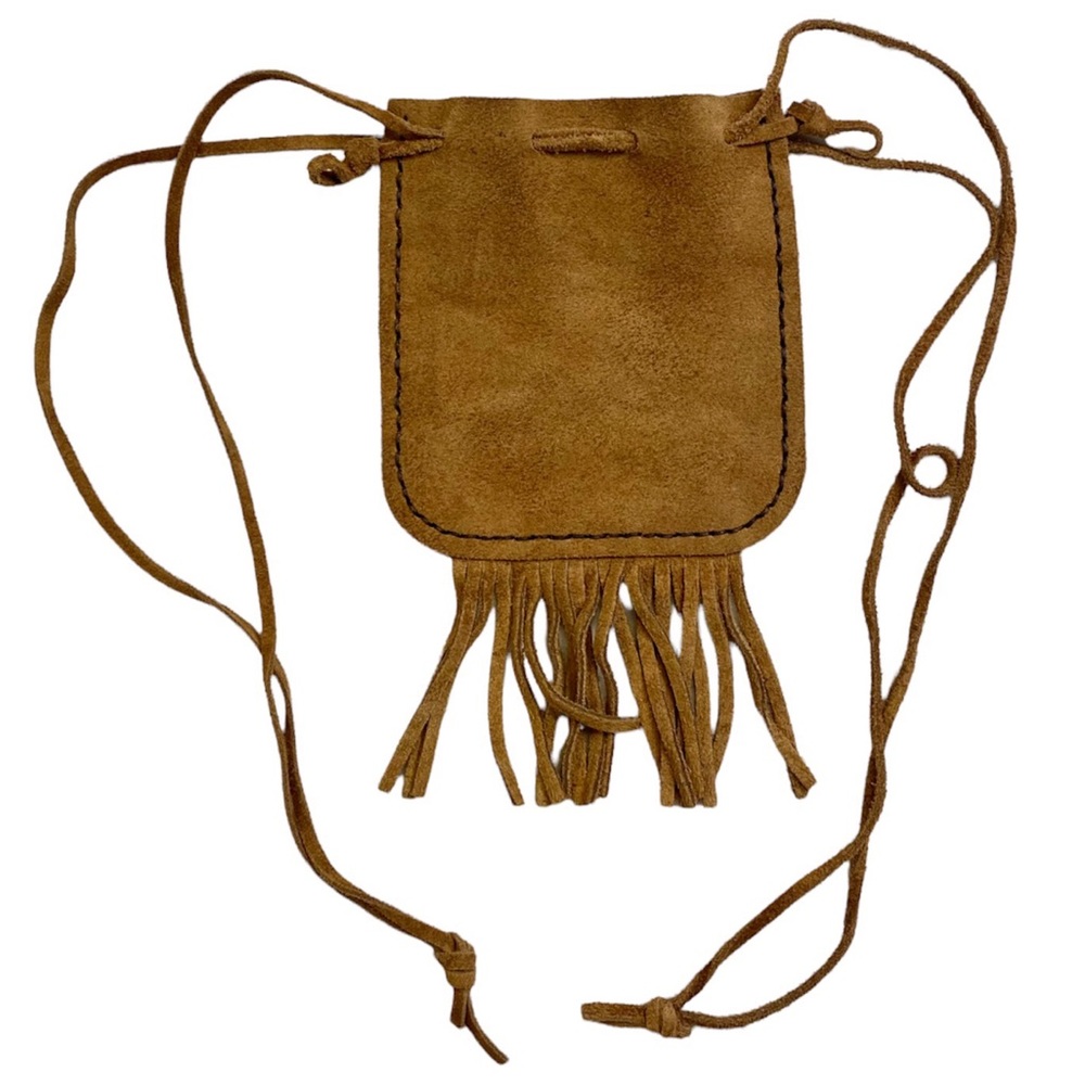 Small fringe brown leather pouch. Drawstring, tassels. Great for festivals.
